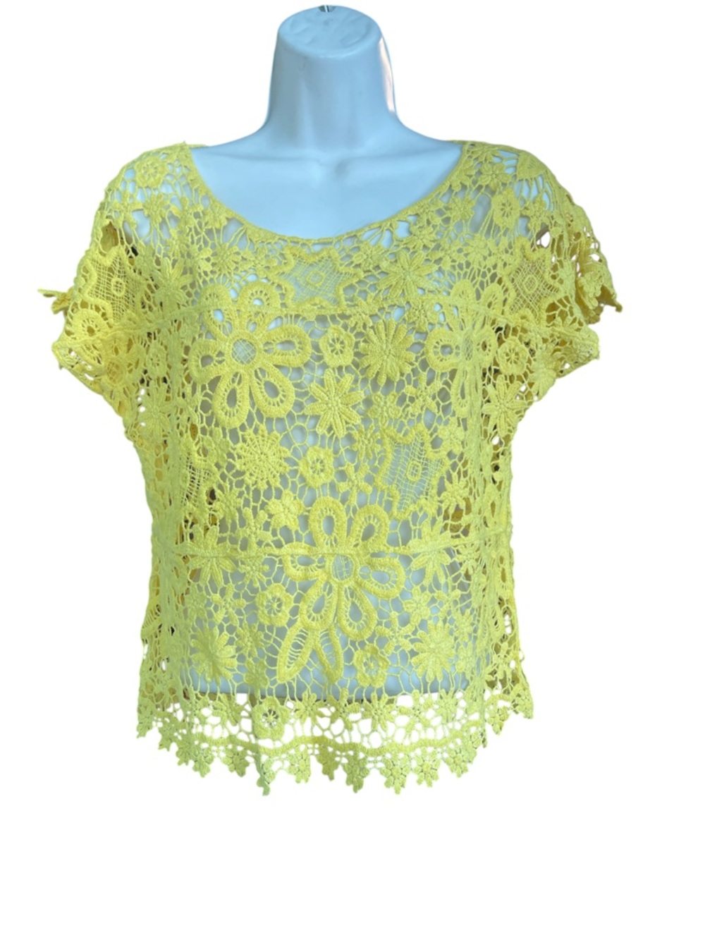 Lace Crochet Floral Short Sleeve Top - Yellow